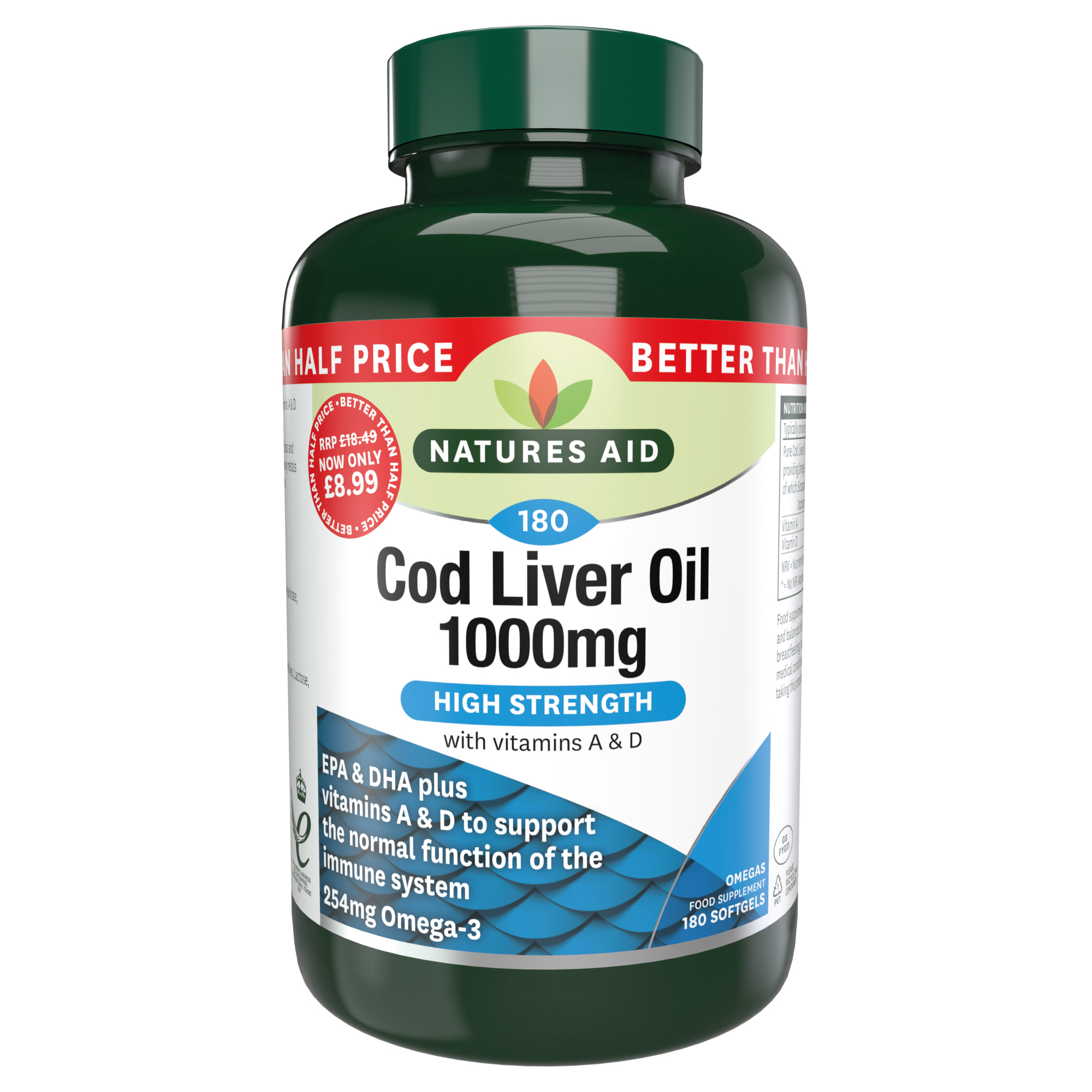 Natures Aid Cod Liver Oil (High Strength) 1000mg - 180 Softgels