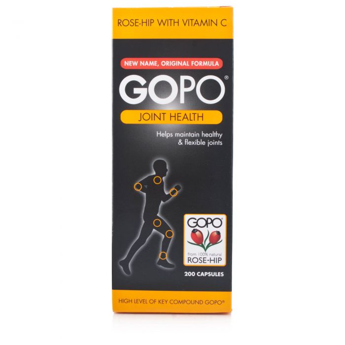 GOPO Joint Health 200 Capsules is a natural supplement made from rose-hip extract, formulated to support joint health, mobility, and overall flexibility.
